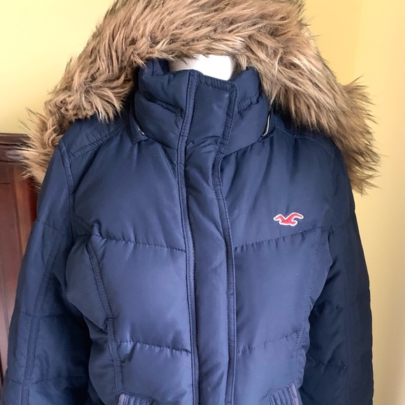 Hollister Navy Blue Winter Down Puffer Jacket Zipper Closure Fur Hood Y2K US S - Picture 3 of 8